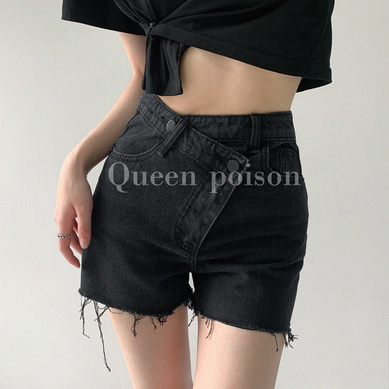 Quần Short Denim Lưng Cao Ống Rộng Phong Cách Retro