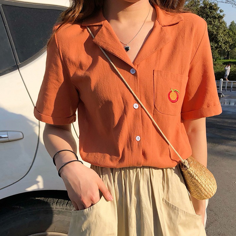 Áo sơ mi tay ngắn họa tiết trái cây đáng yêu trẻ trung cho nữ | BigBuy360 - bigbuy360.vn