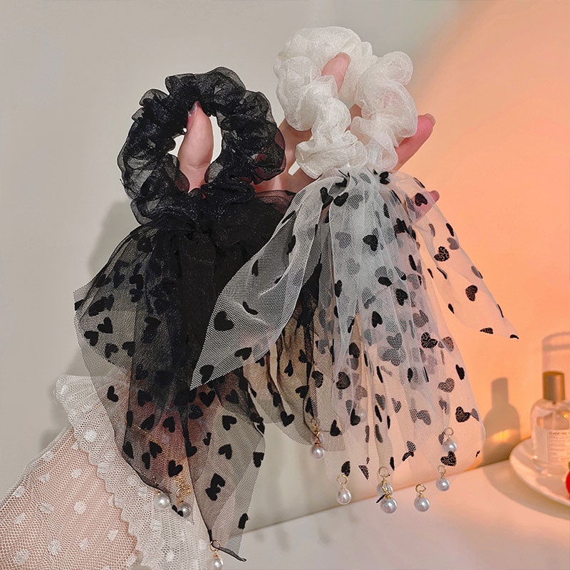 Dây Buộc Tóc Thắt Nơ Ruy Băng Đính Hạt Ngọc Trai Tua Rua