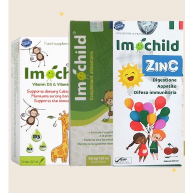 Siro tăng sức đề kháng Imochild /D3K2/ZinC/Ca Lunik/Sắt Feron/DHA/Kẽm giọt giúp bé ăn ngon miệng