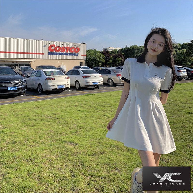 Đầm Dáng Chữ A Cổ polo Tay Ngắn Lưng Cao Phong Cách Phương Tây Thời Trang Mùa Xuân Dành Cho Cặp Đôi 2022