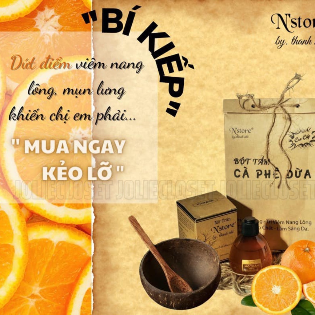 Bột cà phê dừa non, cám gạo Nstore tẩy da chết, giảm mụn lưng, làm sáng da 100gr, mỡ trăn nguyên chất triệt lông 75gr