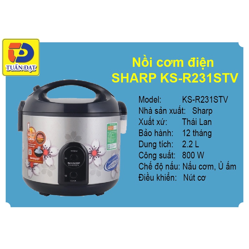 Nồi cơm điện Sharp 2.2 lít KS-R231STV,Mới Chính Hãng 100% Lòng nồi hợp kim nhôm chống dính-6-8 người ăn-BH 12 tháng