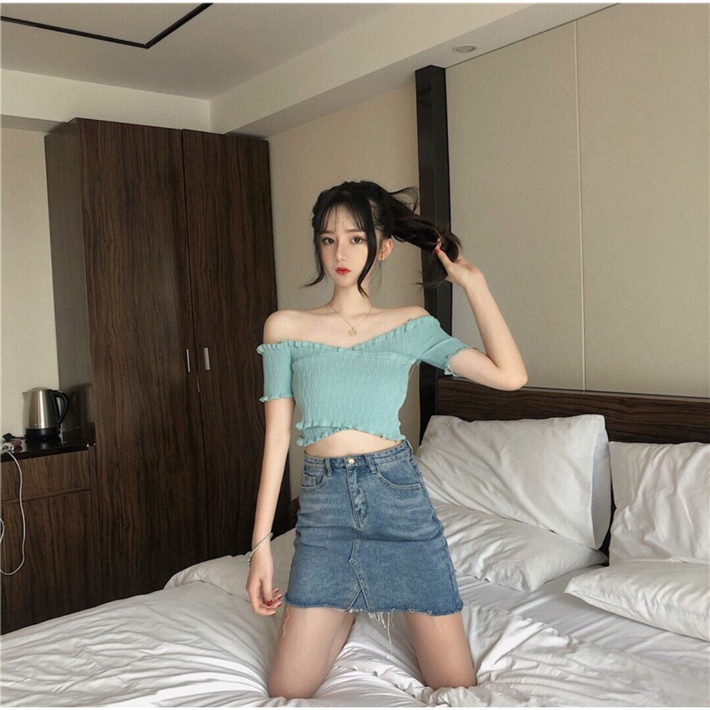 ÁO CROPTOP ÔM BODY NGẮN CO GIÃN - ÁO KIỂU CRT ULZANG NGẮN TAY VOAN TRƠN CHÉO NGỰC BASIC 117
