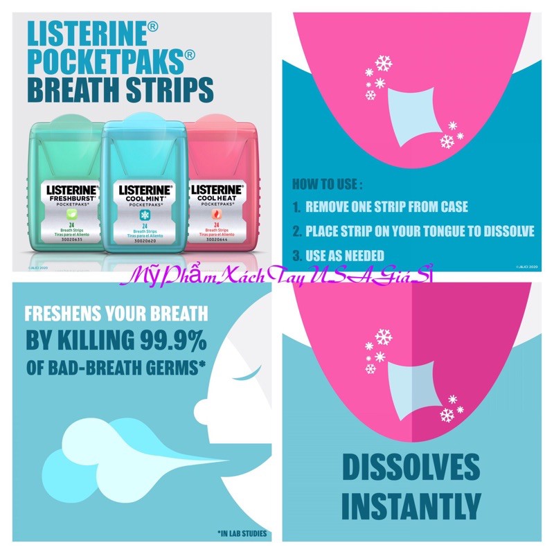 [Hàng Mỹ]Miếng ngậm thơm miệng Listerine Pocketpaks (Vĩ 3 hộp x 24 miếng)