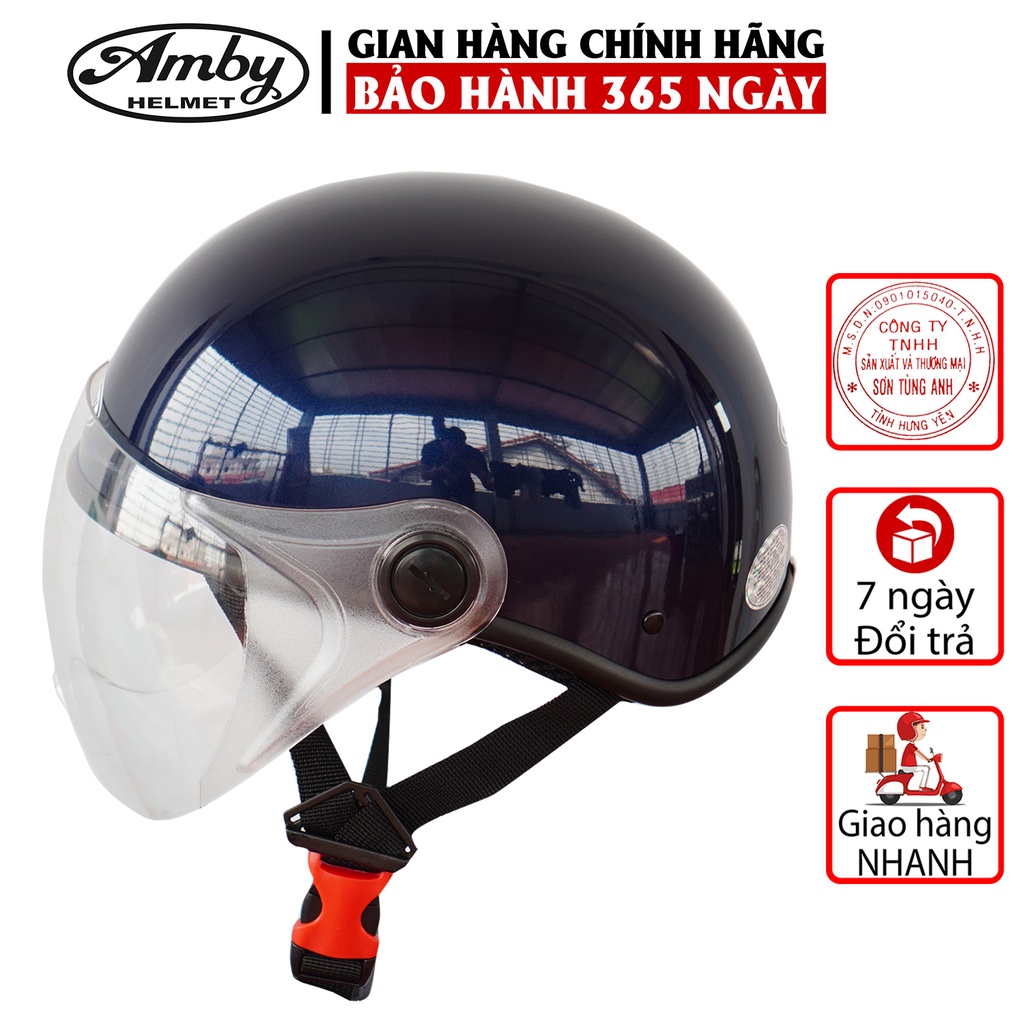 Mũ Bảo Hiểm Nửa Đầu Amby Helmet ST05, có kính che nửa mặt, kiểu dáng thời trang, khóa nhựa bền chắc - Xanh Than Bóng