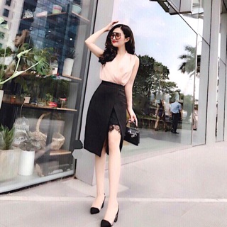 Set bộ áo phi lụa chéo ngực chân váy đen 2 dây