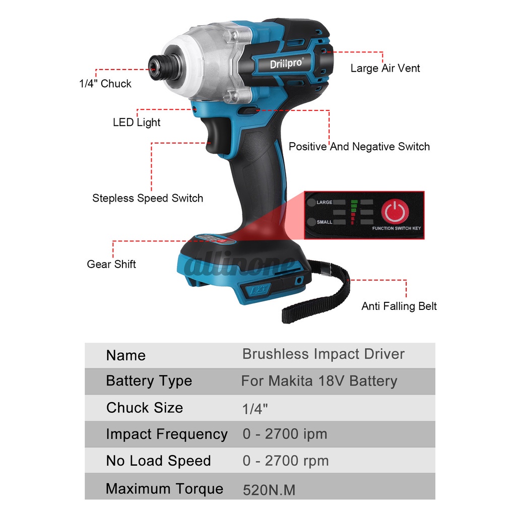 ✥☏Máy Khoan Pro 1 / 4 "Pin makita 18v Không Chổi Than 520n.m Có Thể Sạc Lại