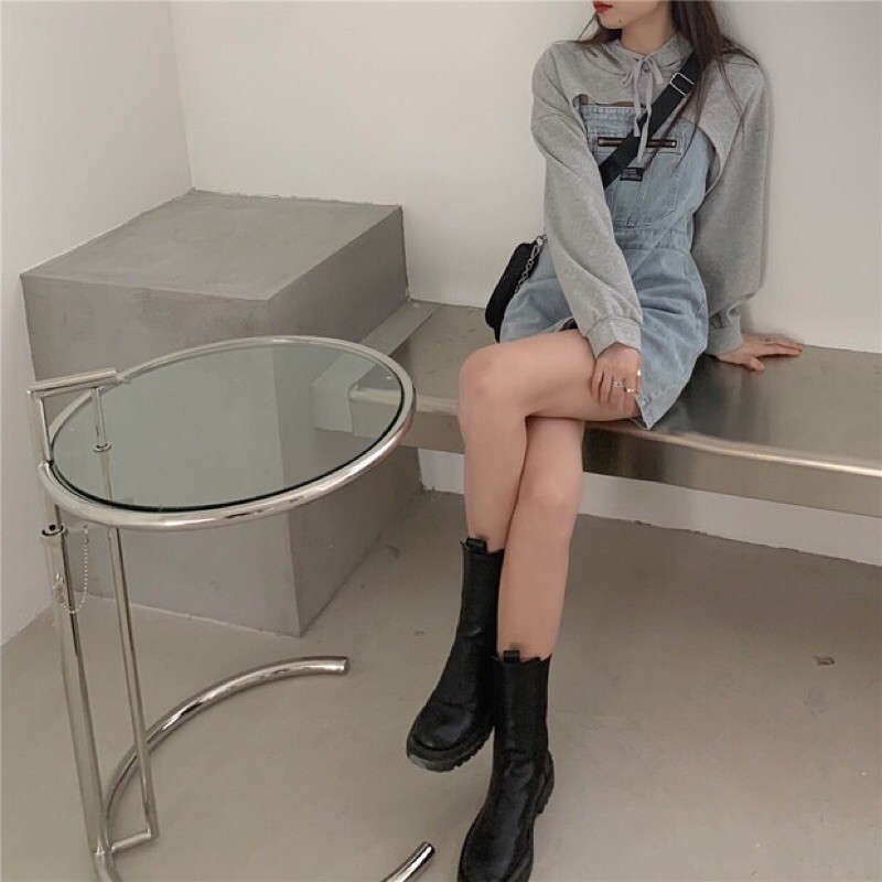 Set áo dài tay cutout + váy yếm jeans (denim) hai dây điều chỉnh ulzzang [Yannie]