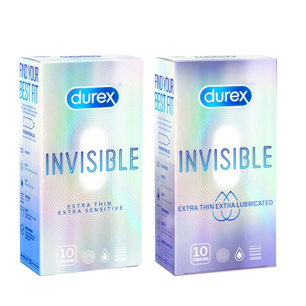 Bộ 1 bao cao su Durex Invisible Extra Lubricated và 1 Durex Invisible Extra Sensitive siêu mỏng (size 52mm, hộp 10 bao)