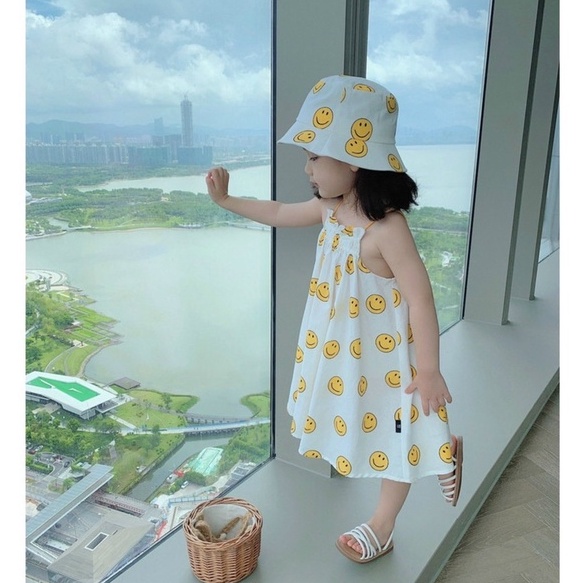Váy 2 dây ICON mặt cười vàng kèm mũ siêu xinh cho bé 8-18kg