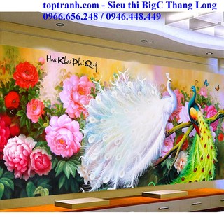 Tranh thêu 2 con công và hoa mẫu đơn hoa khai phú quý MN0127 chưa thêu