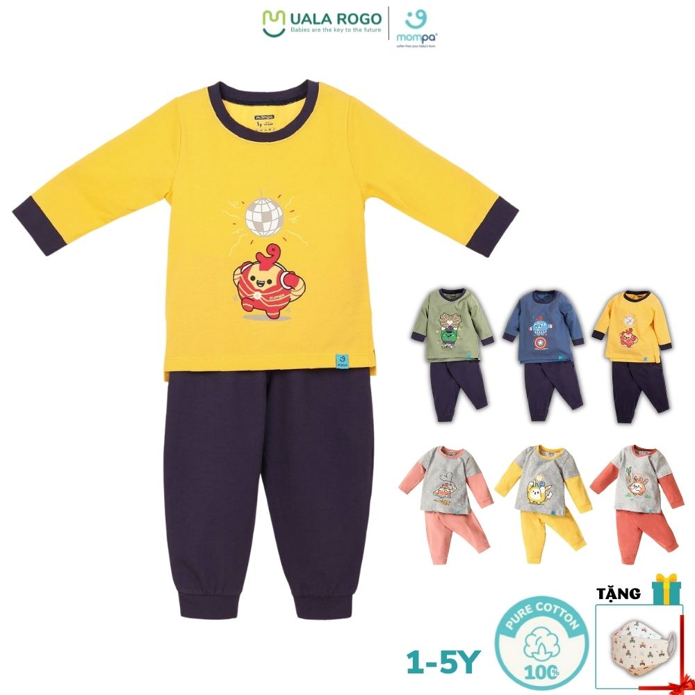 Bộ quần áo thu đông mỏng cho bé Mompa 1 - 5 tuổi vải cotton thoáng cổ tròn quần bo ống phối màu họa tiết 803 804