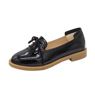 🌺giày lười nữ b58 da bóng/ retro/ buộc dây/ đế 3cm