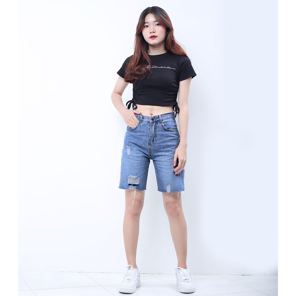 Quần đùi ngố jean nữ cạp siêu cao SAIGONJEAN rách tua lai có nắp QS023