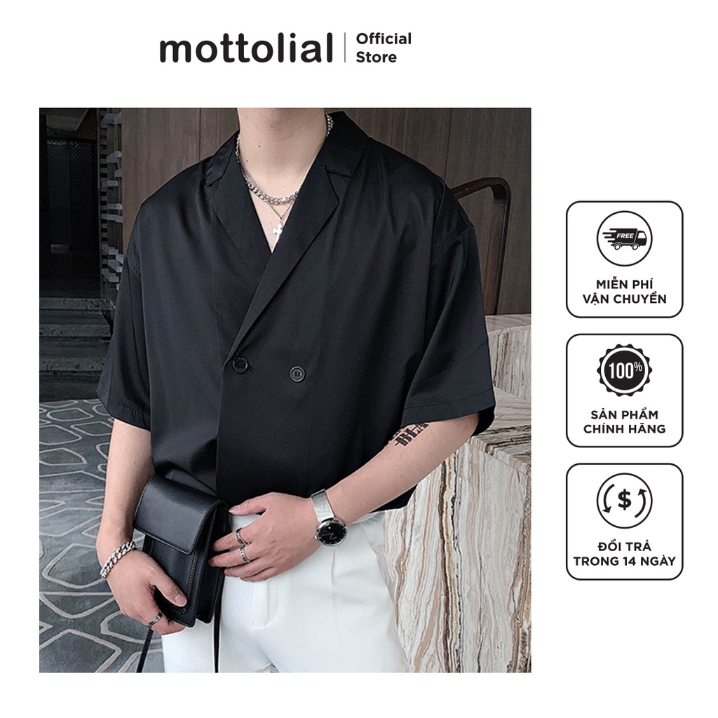 Áo sơ mi nam style vest, tay lỡ, cổ bẻ, chất liệu vải satin bóng cao cấp, kiểu dáng thời trang - đen - Mottolial