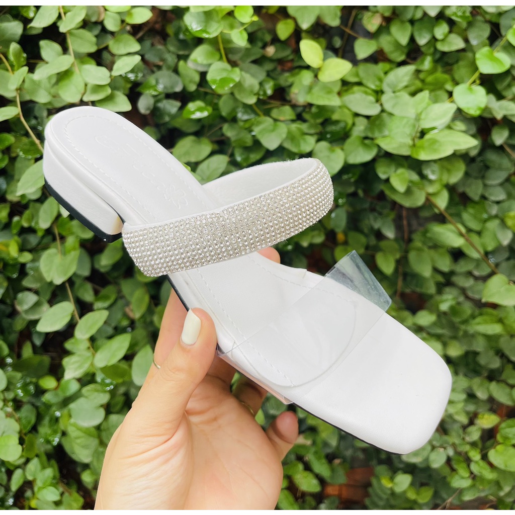 Guốc đế thấp quai mica trước viền dây đá nổi gót thấp - 2P