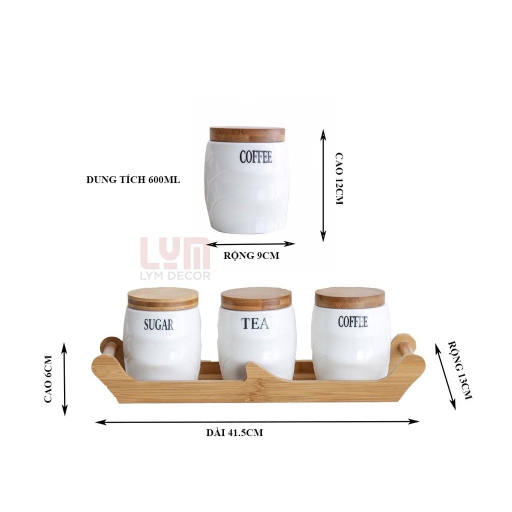 (SẴN) Khay đựng gia vị 3 hũ dung tích  600ml chất liệu sứ cao cấp không chì,nắp gỗ tre gioăng silicone cực kín