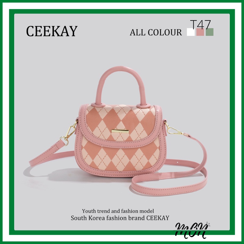 🌸sẵn🌸 Túi xách da mềm đeo chéo nữ CEEKAY chính hãng, túi nắp tròn, họa tiết hình thoi xen kẽ - T47