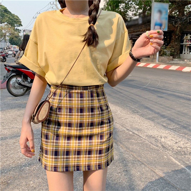 Women Fashion Stitching Color Lattice High Waist Skirt Slim A Line Skirt | BigBuy360 - bigbuy360.vn