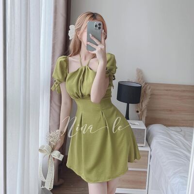 Váy cổ yếm nơ tay tiểu thư xinh xắn