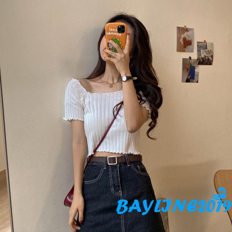 Áo dệt kim tay ngắn trễ vai màu sắc đơn giản thời trang dành cho nữ