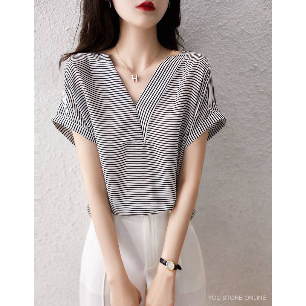 ❤Ence★Áo Sơ Mi Voan Tay Lửng Họa Tiết Kẻ Sọc Phong Cách Hàn Quốc Thời Trang Cho Nữ