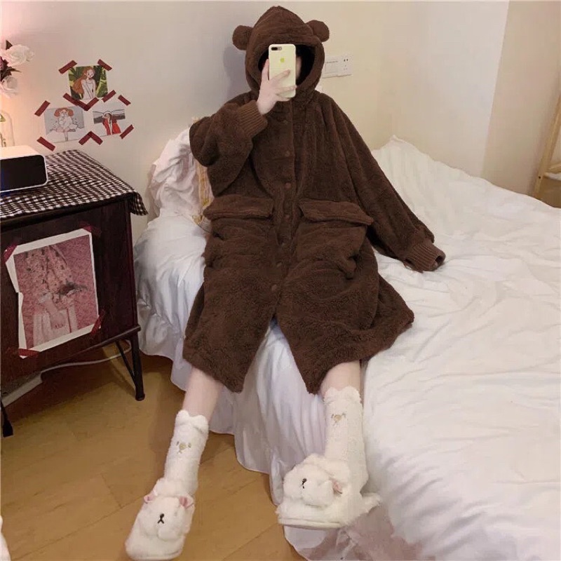 GRIZZ/Váy Ngủ Bông Mịn Gấu Nâu