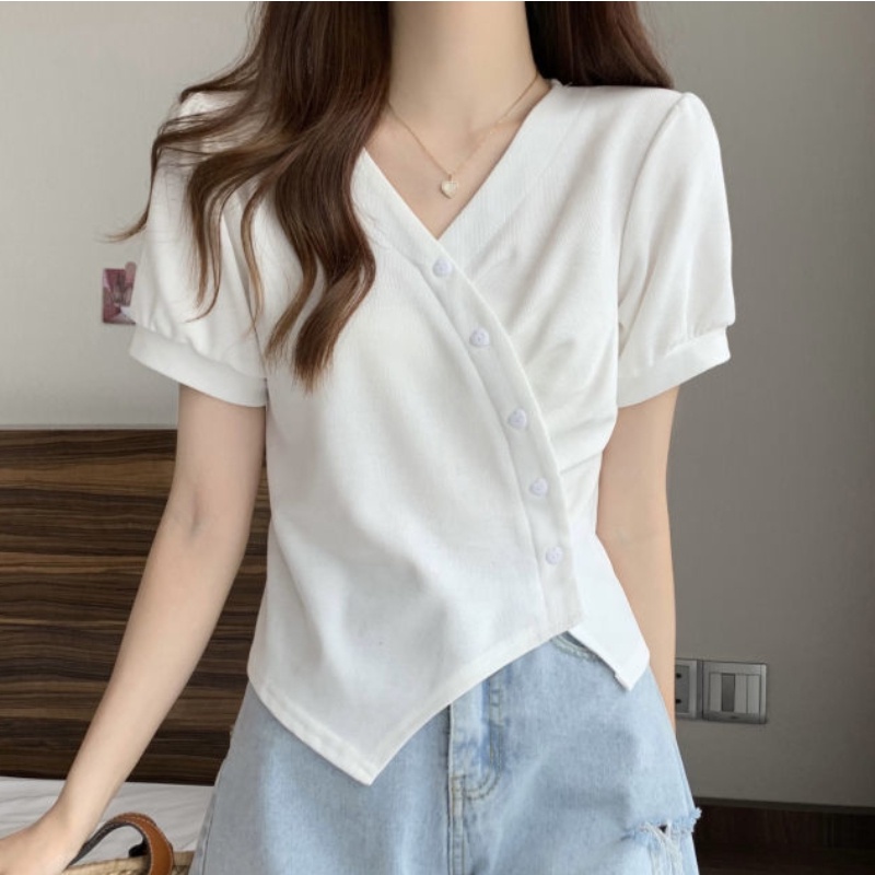 Áo Thun Nữ Ngắn Tay Cổ Chữ V Thời Trang Hàn Quốc Mới