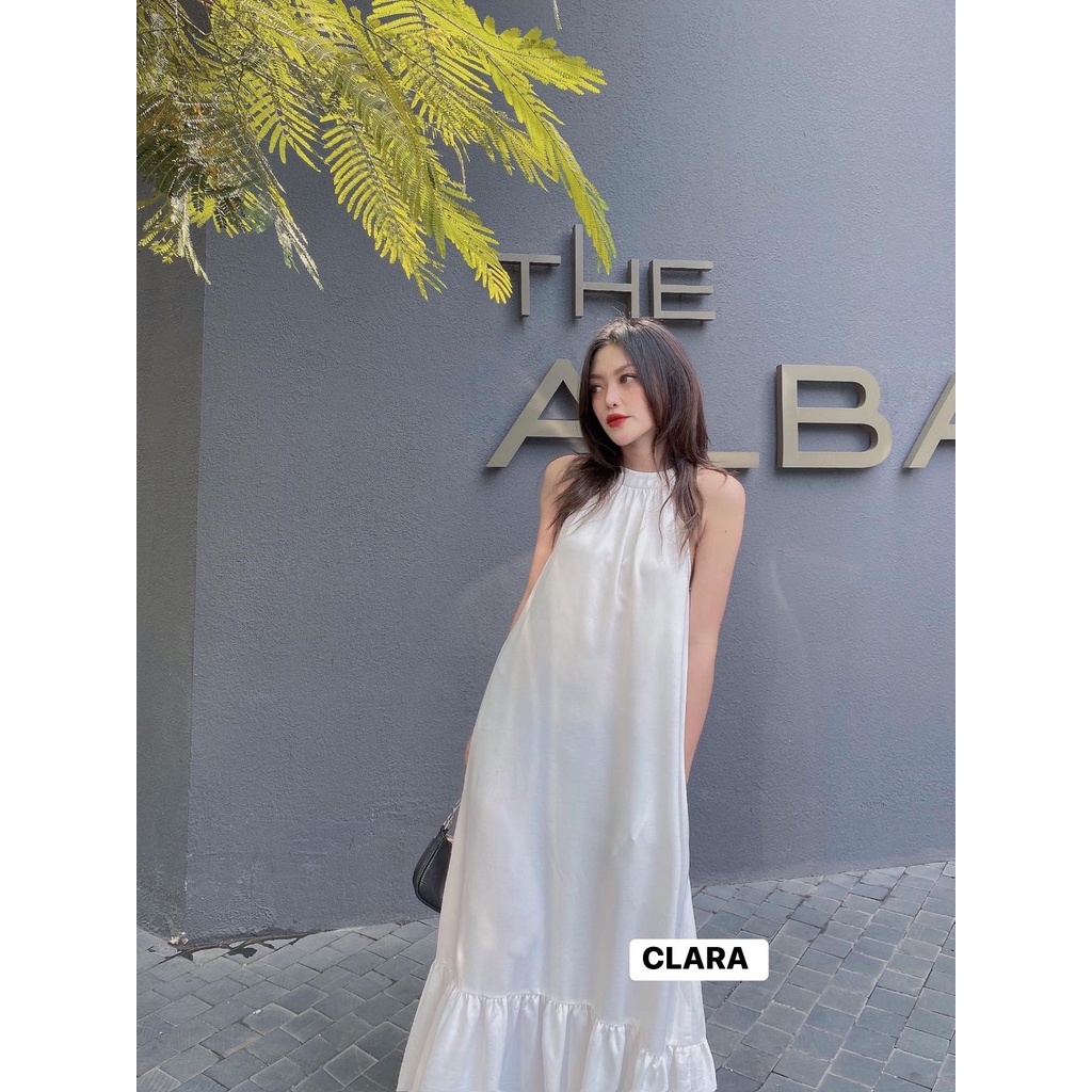 Đầm CLARA lụa maxi cổ yếm màu trắng, tím