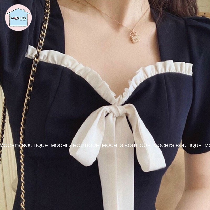 Váy đầm thiết kế nữ cổ vuông ôm ngực cổ thắt nơ, dáng váy xòe chữ a ngắn tay điểm nhấn viền bo ôm ngực nổi bật-M046