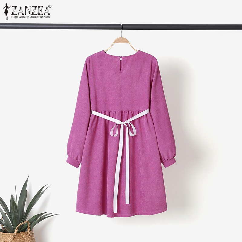 Đầm chữ A mini ZANZEA tay dài cổ tròn màu trơn thời trang phong cách châu Âu cho nữ