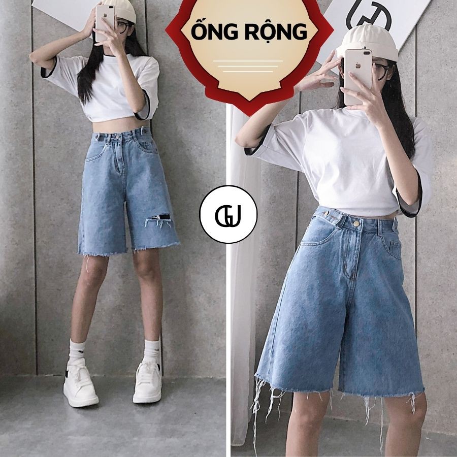 Quần Short Jean Nữ Rách Gấu Cap Cao Dáng Rộng GUF