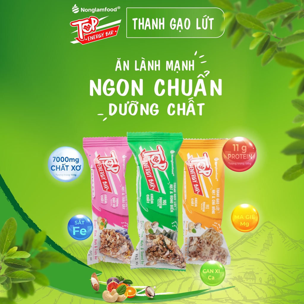 Combo 3 hộp thanh gạo lứt ngũ cốc Top Energy Bar hạt và chà bông, rong biển, trái cây 272g Nonglamfood