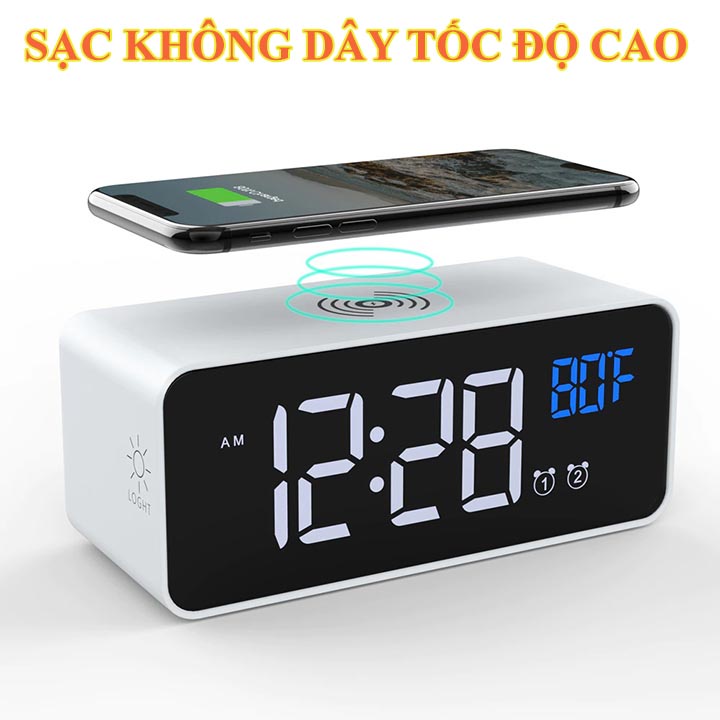 Đồng Hồ Báo Thức Điện Tử LED Kiêm Sạc Điện Thoại Không Dây Cao Cấp