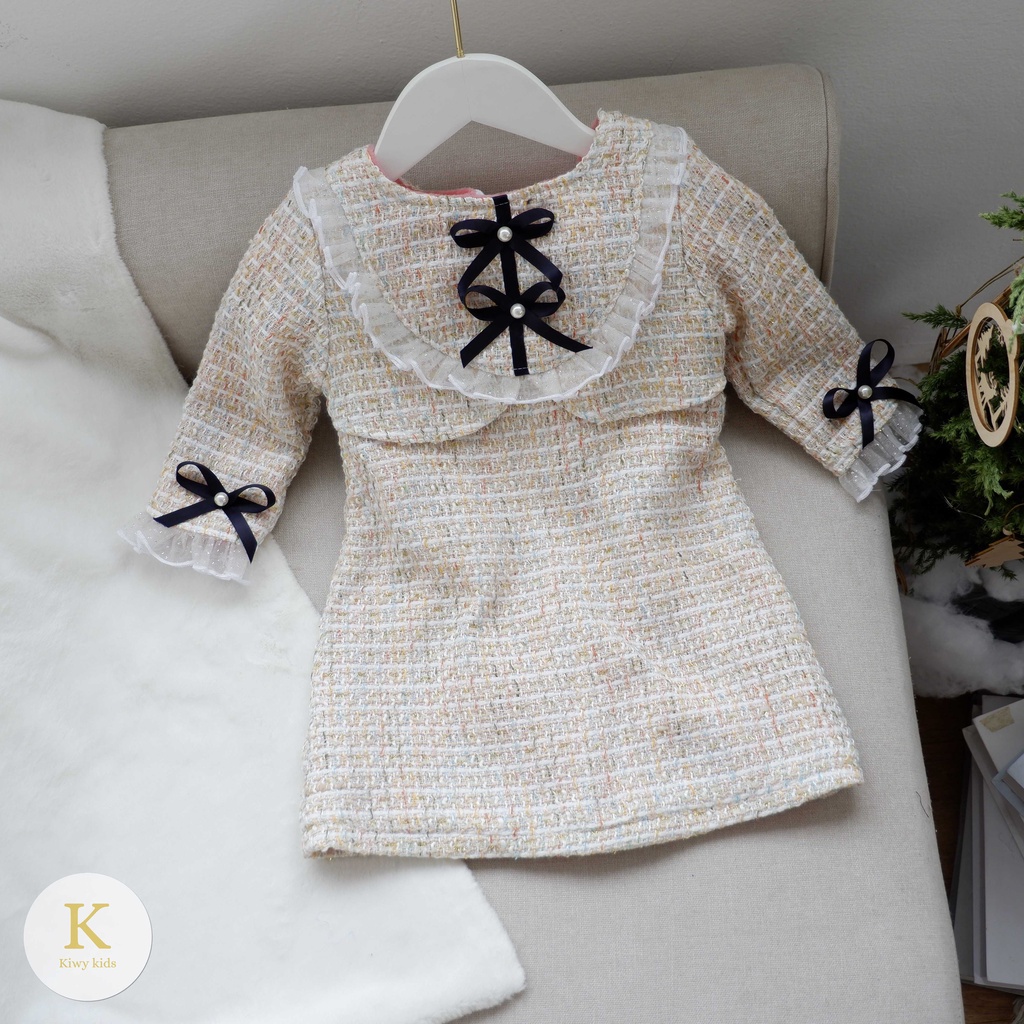 Váy dạ lót lông bé gái Kiwy Kids chất liệu dạ tweed ấm áp đính nơ dễ thương Kids70 cho bé gái từ 1 đến 7 tuổi