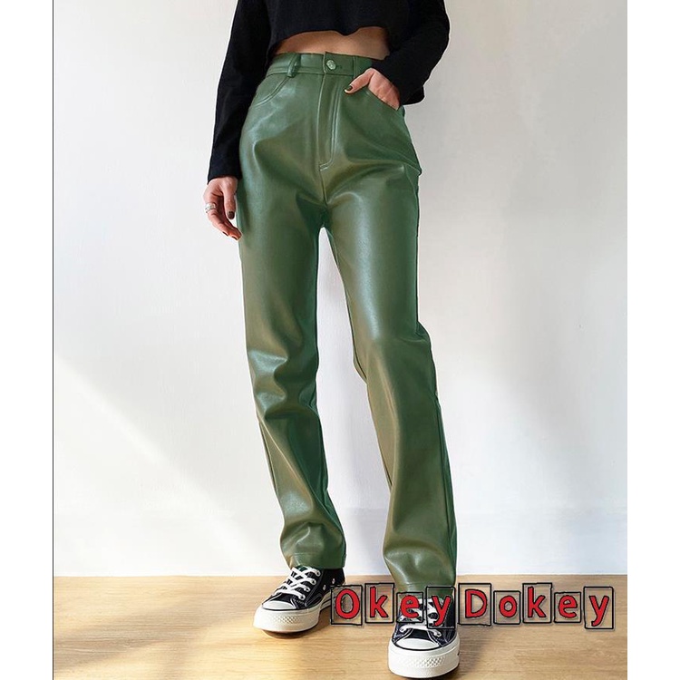 Quần dài da PU lưng cao kiểu dáng thời trang cho nữ