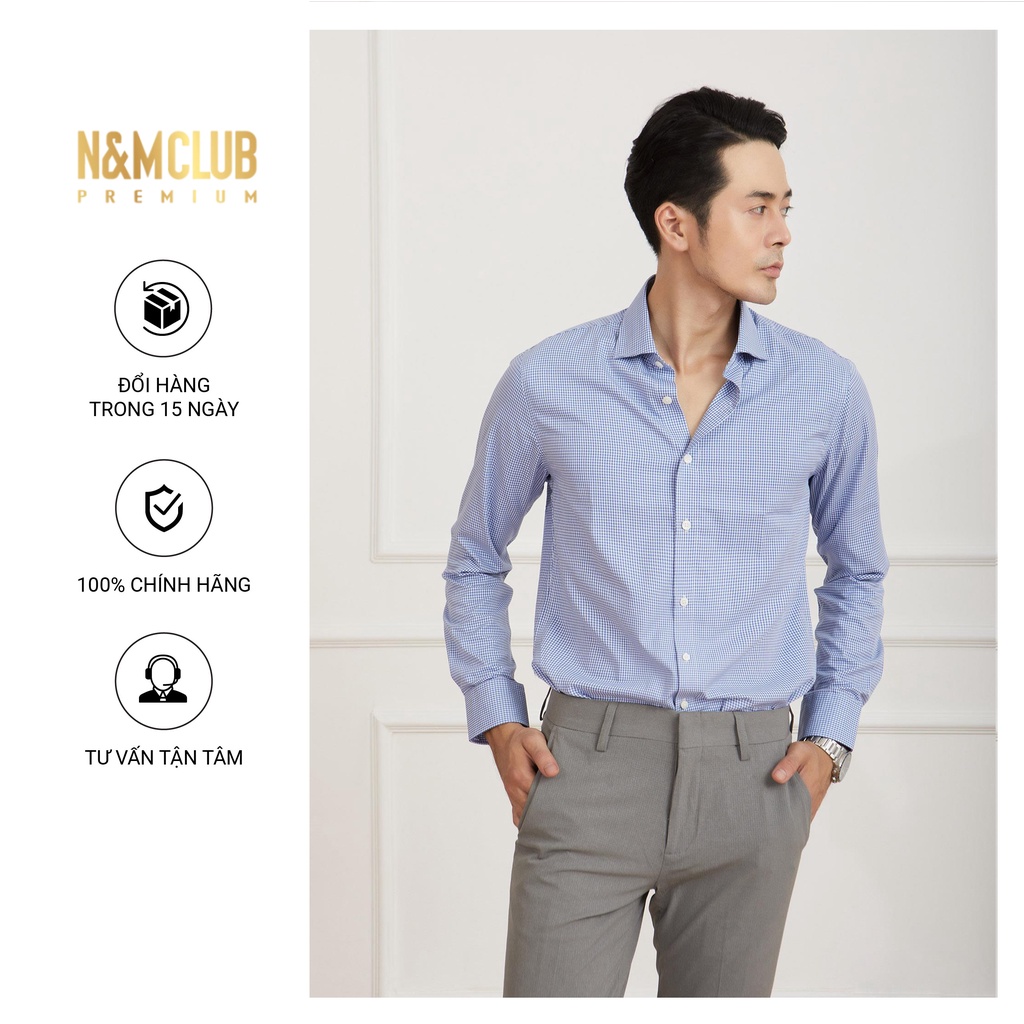 Áo Sơ Mi N&M CLUB Nam Tay Dài Chống Nhăn Thoáng Mát Dáng Slim Fit Sọc Caro màu xanh da trời mã 2104005
