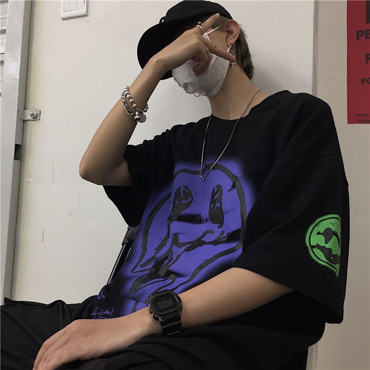 Áo Thun Tay Ngắn Dáng Rộng In Hình Mặt Cười Phong Cách Hip-Hop