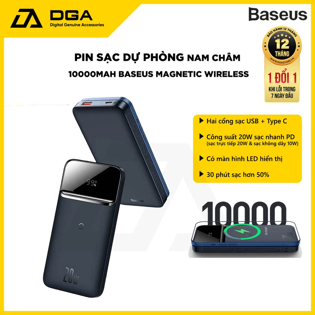 Pin dự phòng sạc nhanh không dây tích hợp nam châm 10000 mAh Baseus Magnetic Wireless Quick Charging Power Bank
