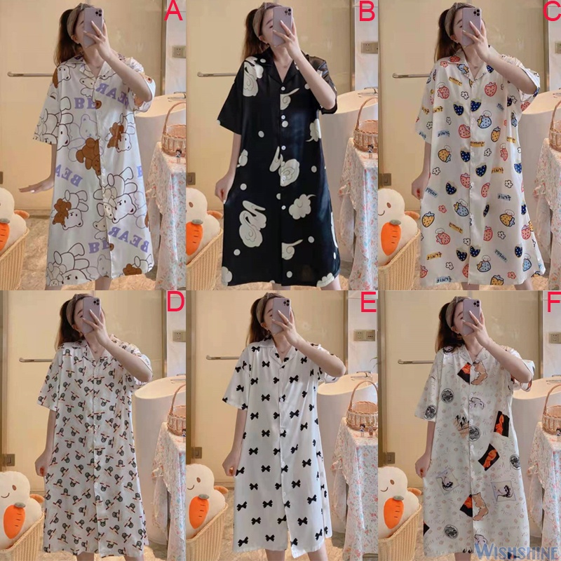 Đầm Ngủ Tay Ngắn Dáng Rộng Bằng Lụa Satin Thời Trang Hàn Quốc Cho Nữ Size M-2XL