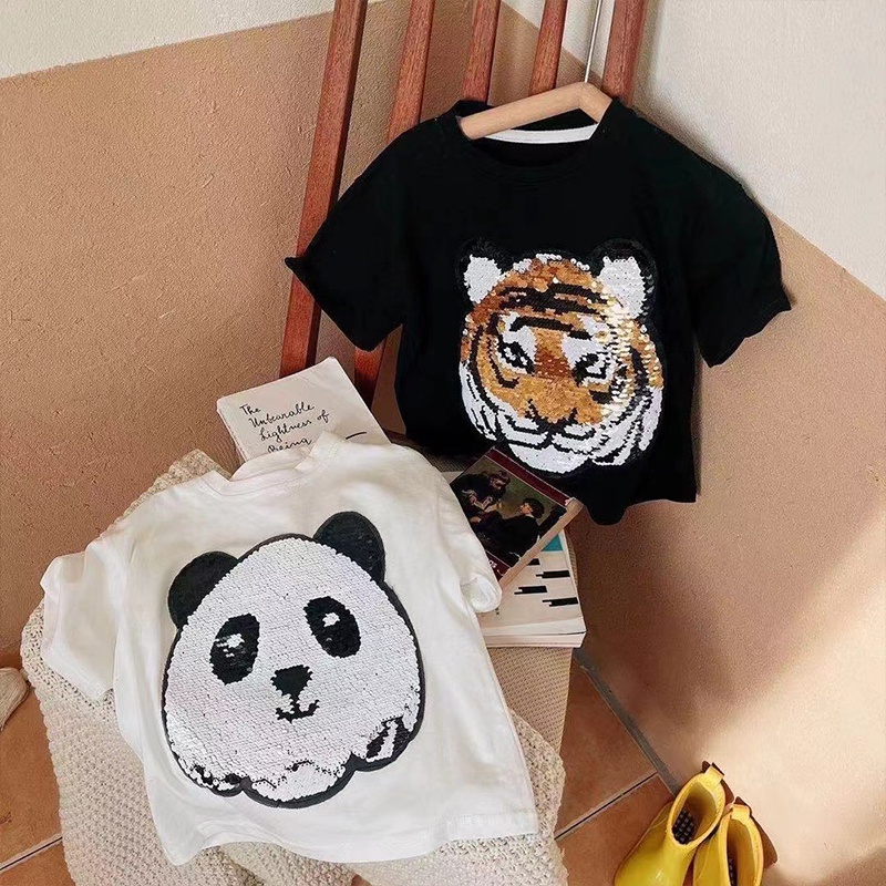 Áo Thun Thêu Hình Gấu Trúc Lật Hai Mặt Dễ Thương Cho Bé Trai