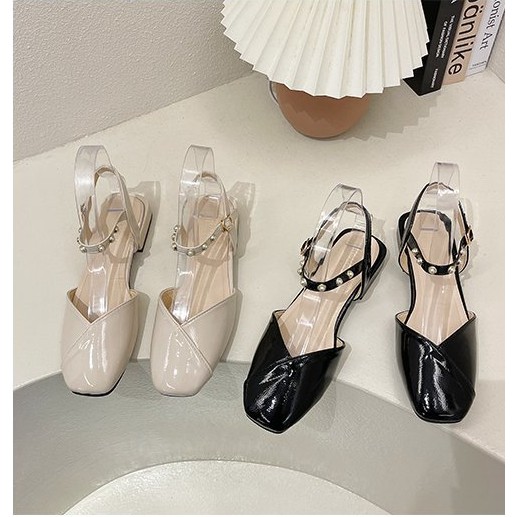 Giày sandal nữ da bóng đính ngọc quai cài cực xinh mang êm chân HOT 2021, giày sandal nữ đế bằng đẹp
