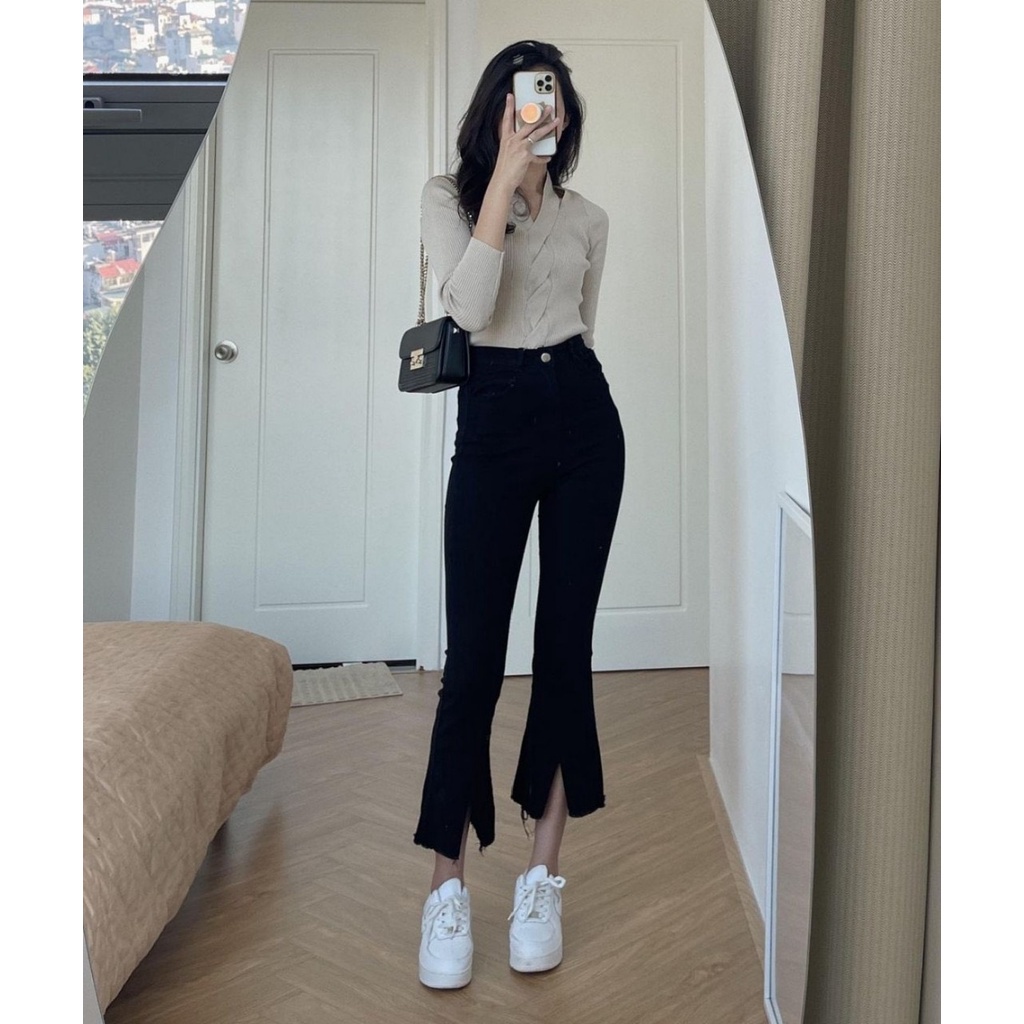 Quần jean bò ống loe đen xẻ gấu cạp cao hách dáng chất jeans co giãn thoải mái gấu tua cá tính phong cách hàn quốc