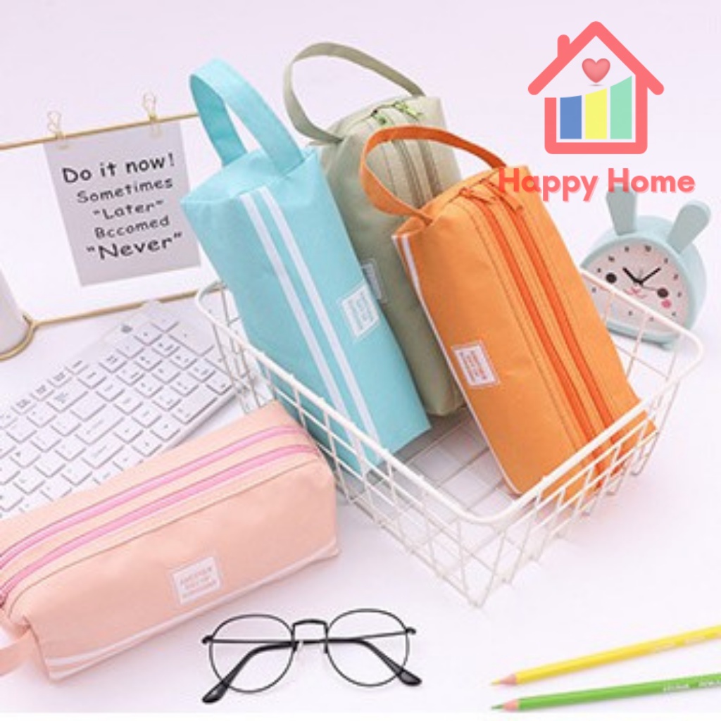 Hộp bút vải đẹp 2 ngăn tiện dụng đa năng, túi đựng bút vải canvas Oxford kiểu Hàn Quốc Happy Home