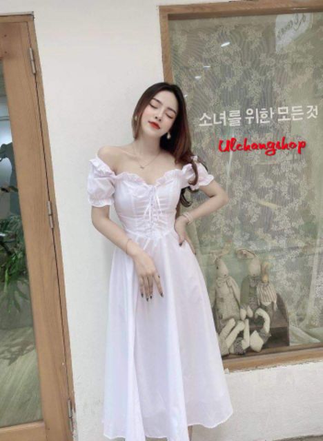 Đầm trắng xòe đan dây ngực mặc 2 kiểu ulzzang hàn quốc | BigBuy360 - bigbuy360.vn