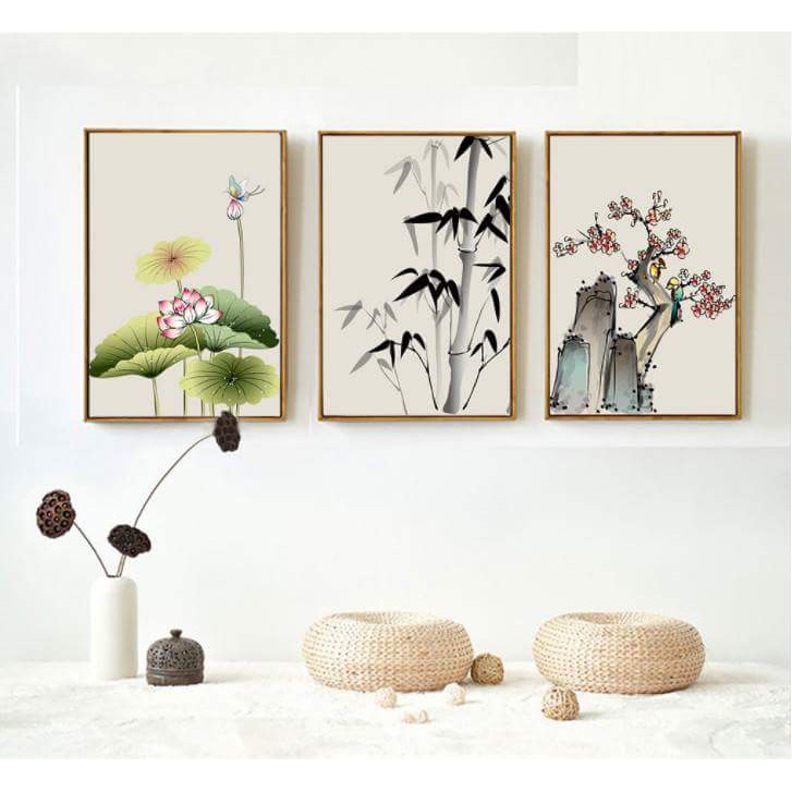 Bộ 3 tranh canvas hoa sen trúc nghệ thuật tặng kèm đinh treo tường