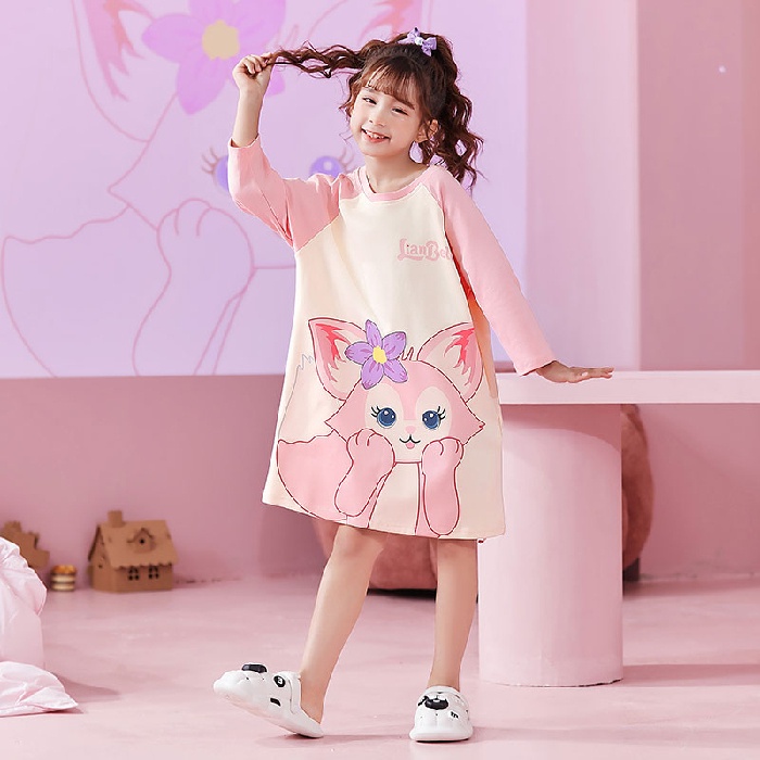 Đầm Ngủ Tay Dài Chất Cotton In Họa Tiết Hoạt Hình Phong Cách Hàn Quốc Xinh Xắn Cho Bé Gái