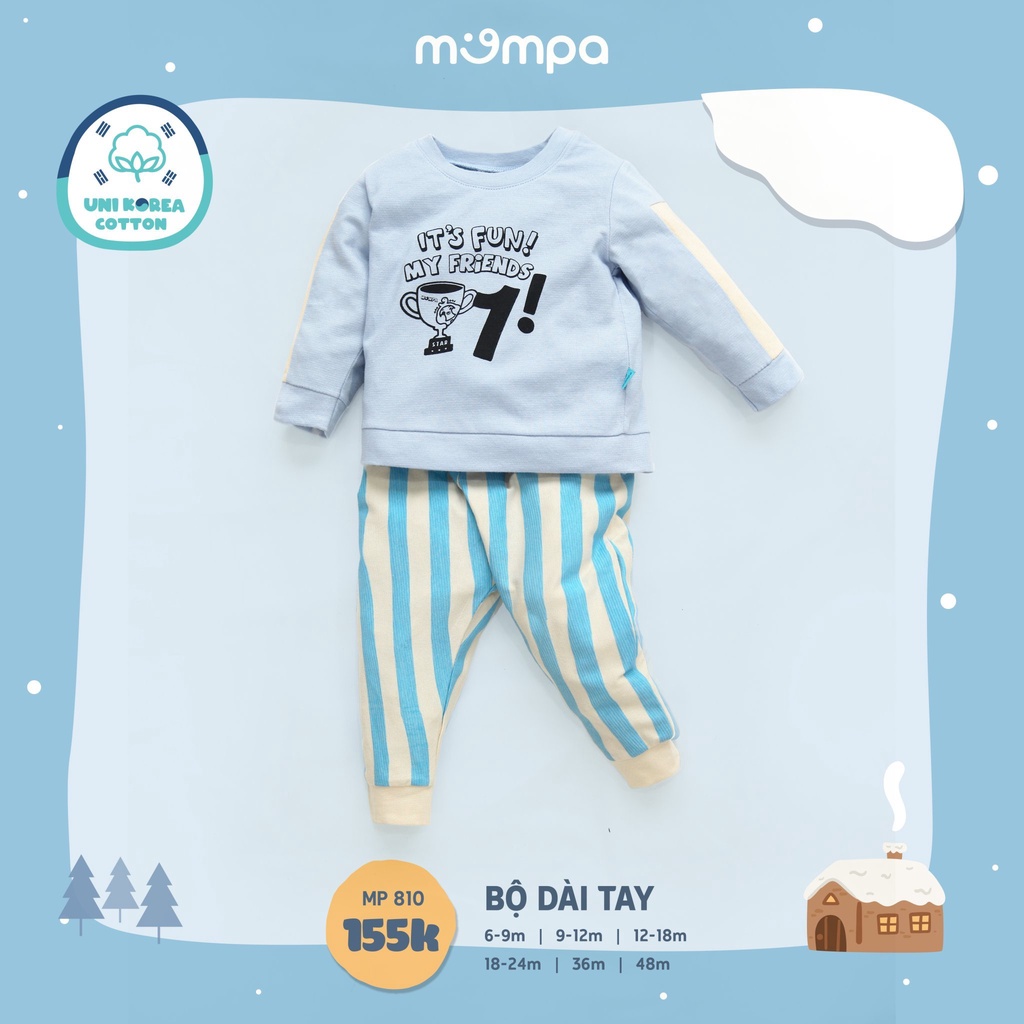 Bộ quần áo dài tay Mompa vải sợi tre co giãn mềm mịn cổ tròn cho bé 6 tháng - 4 tuổi