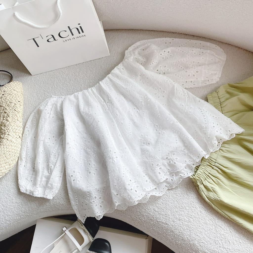 SET ÁO XÔ ĐỤC LỖ BẸT VAI + CHÂN VÁY MIDI XANH BƠ (TH)